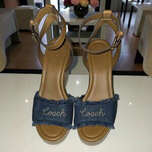 Coach Kelley Denim Espadrille Wedge Sandals - Tan Leather - Sz 6